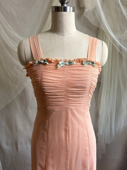 Vintage 1930's Dress & Bolero Set - Coral Pink Silk Crepe Chiffon with Ruched Detail | XS - Daggers & Dames