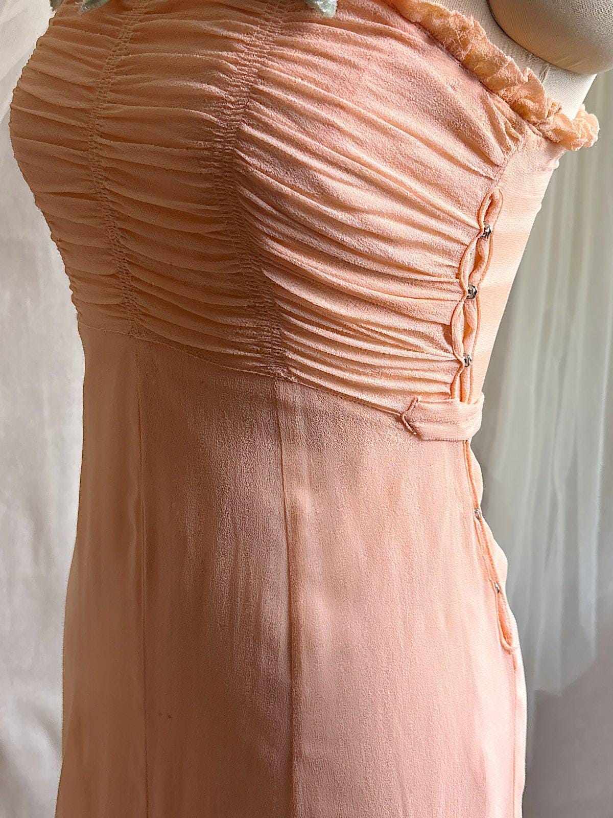 Vintage 1930's Dress & Bolero Set - Coral Pink Silk Crepe Chiffon with Ruched Detail | XS - Daggers & Dames