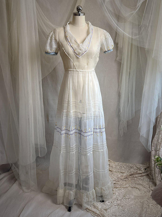 Vintage 1930's Dress - Semi - Sheer Bone White Silk Organza with Open Back | XS - Daggers & Dames