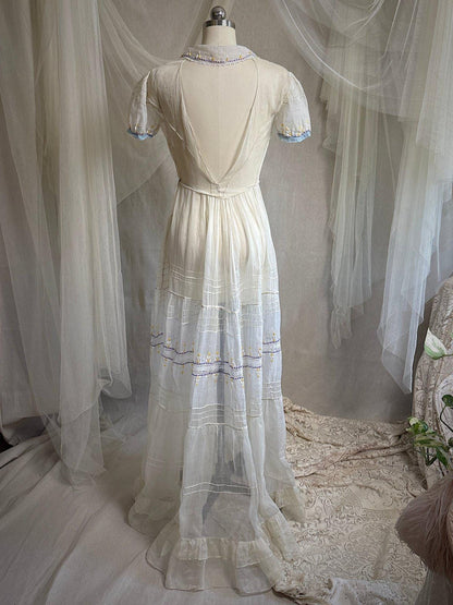 Vintage 1930's Dress - Semi - Sheer Bone White Silk Organza with Open Back | XS - Daggers & Dames