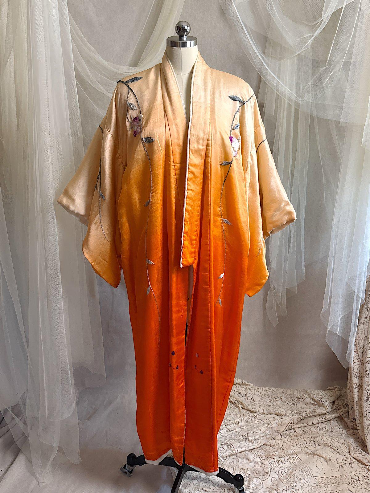 Antique 1920's Japanese Kimono - Bold Orange Ombre Silk with Couched Peacock Hand Embroidery & Fringe Sash | One Size - Daggers & Dames