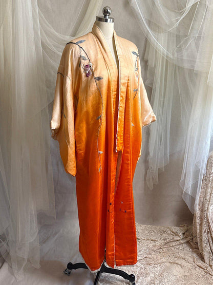 Antique 1920's Japanese Kimono - Bold Orange Ombre Silk with Couched Peacock Hand Embroidery & Fringe Sash | One Size - Daggers & Dames