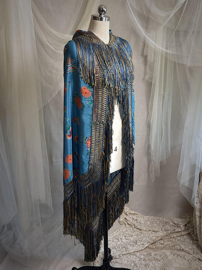 Antique 1920's Piano Shawl - Deep Ash Blue Silk with Bold Coral Floral Motif & Gold Silk Fringe | 62 x 62 inches - Daggers & Dames
