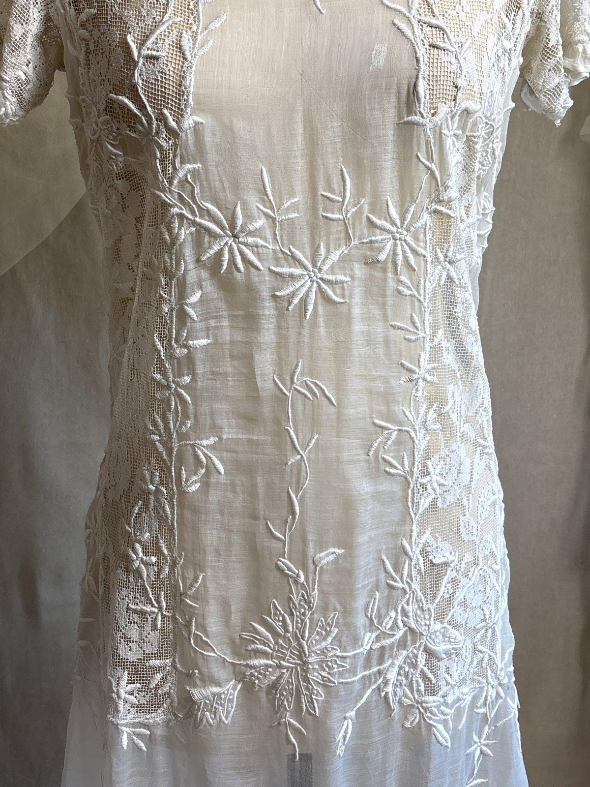 Antique 1920's Dress - Semi - Sheer White Cotton Lawn with Elaborate Mixed Lace & Embroidery | XS, S - Daggers & Dames