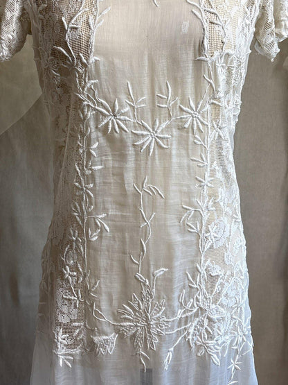 Antique 1920's Dress - Semi - Sheer White Cotton Lawn with Elaborate Mixed Lace & Embroidery | XS, S - Daggers & Dames
