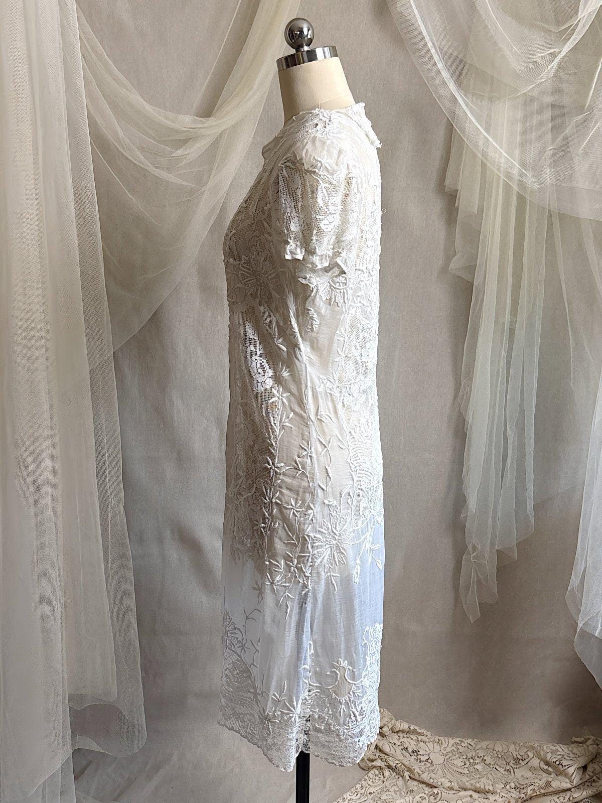 Antique 1920's Dress - Semi - Sheer White Cotton Lawn with Elaborate Mixed Lace & Embroidery | XS, S - Daggers & Dames