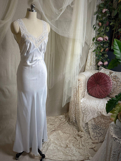 Vintage 1940's Nightgown - Icy Blue Rayon Satin with Soutache Embroidery | XS - Daggers & Dames