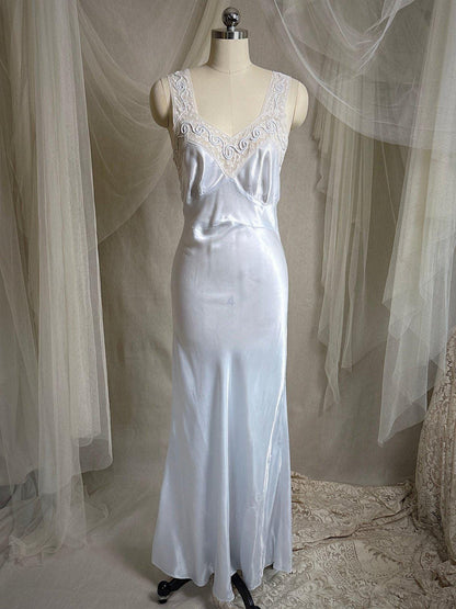 Vintage 1940's Nightgown - Icy Blue Rayon Satin with Soutache Embroidery | XS - Daggers & Dames