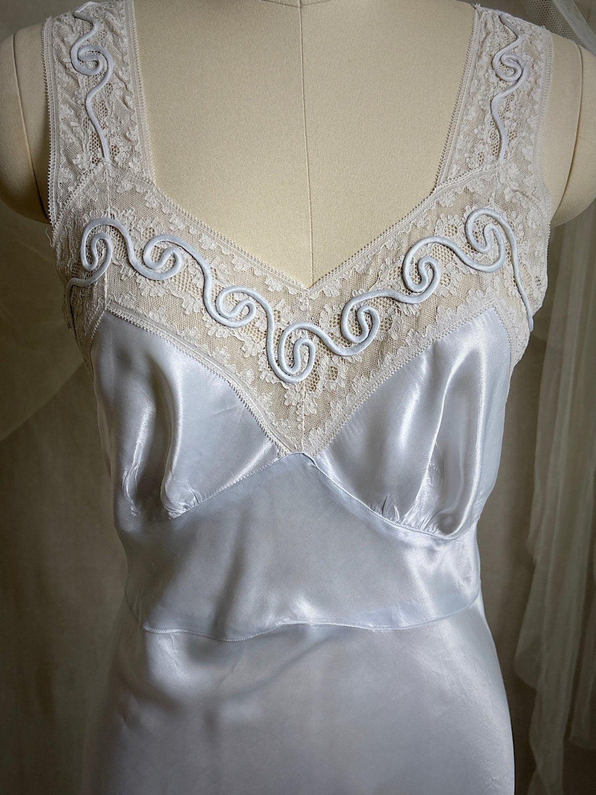 Vintage 1940's Nightgown - Icy Blue Rayon Satin with Soutache Embroidery | XS - Daggers & Dames