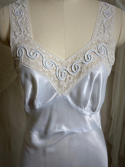 Vintage 1940's Nightgown - Icy Blue Rayon Satin with Soutache Embroidery | XS - Daggers & Dames