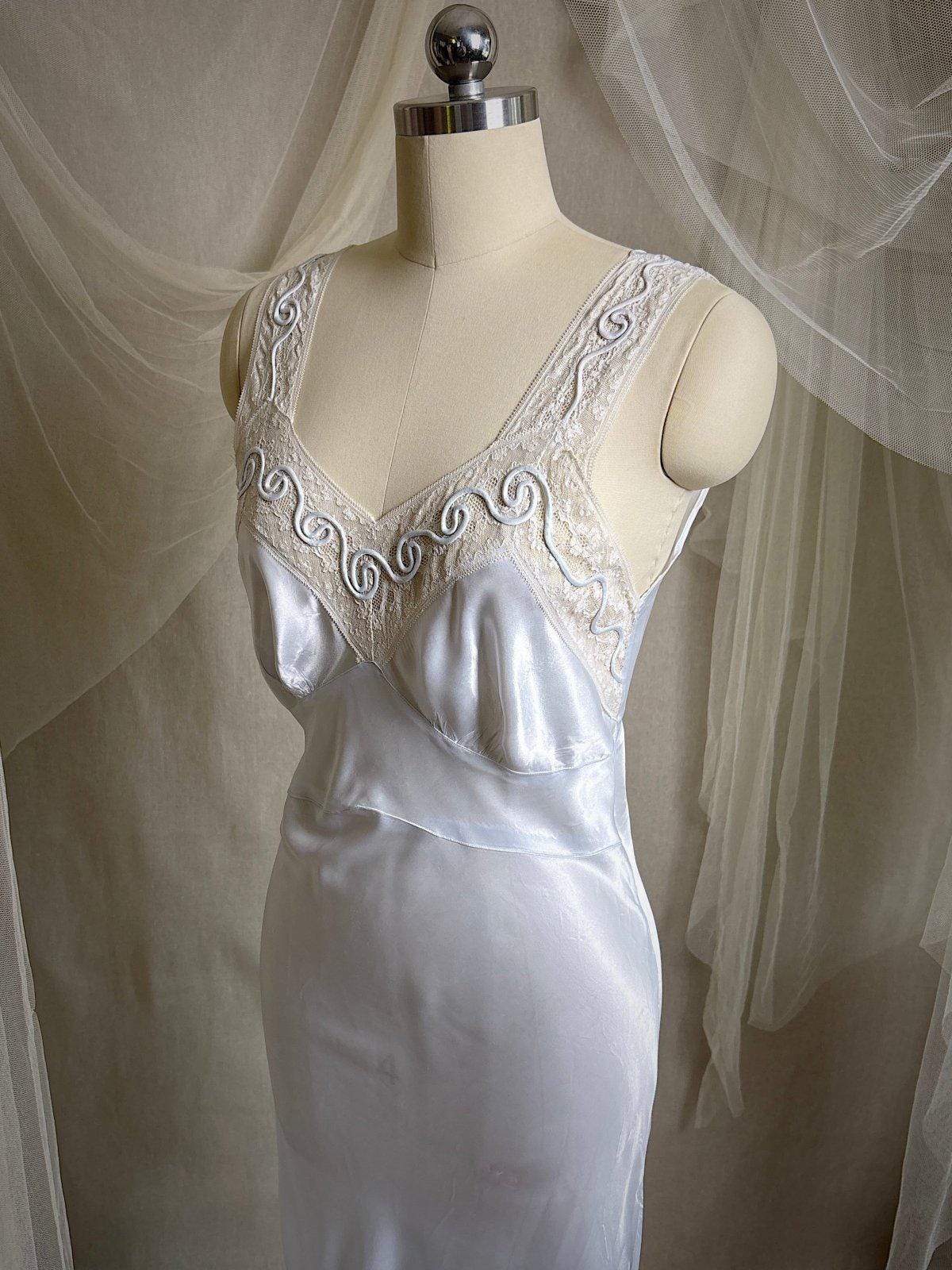 Vintage 1940's Nightgown - Icy Blue Rayon Satin with Soutache Embroidery | XS - Daggers & Dames