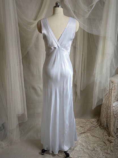 Vintage 1940's Nightgown - Icy Blue Rayon Satin with Soutache Embroidery | XS - Daggers & Dames