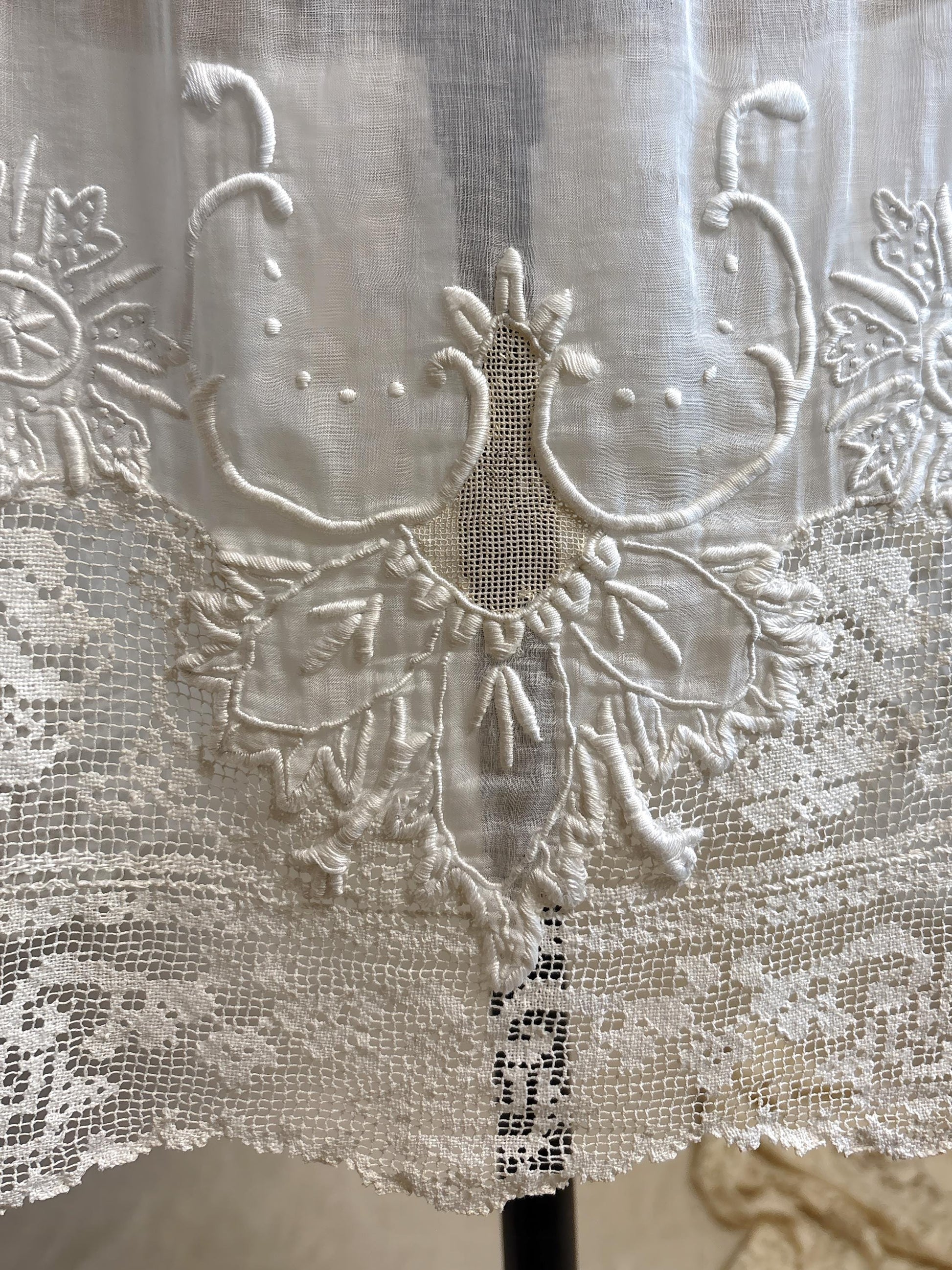 Antique 1920's Dress - Semi-Sheer White Cotton Lawn with Elaborate Mixed Lace & Couched Embroidery | XS, S