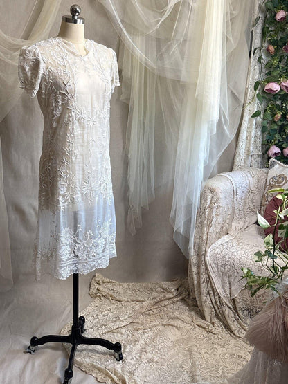 Antique 1920's Dress - Semi - Sheer White Cotton Lawn with Elaborate Mixed Lace & Embroidery | XS, S - Daggers & Dames