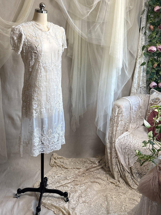 Antique 1920's Dress - Semi - Sheer White Cotton Lawn with Elaborate Mixed Lace & Embroidery | XS, S - Daggers & Dames