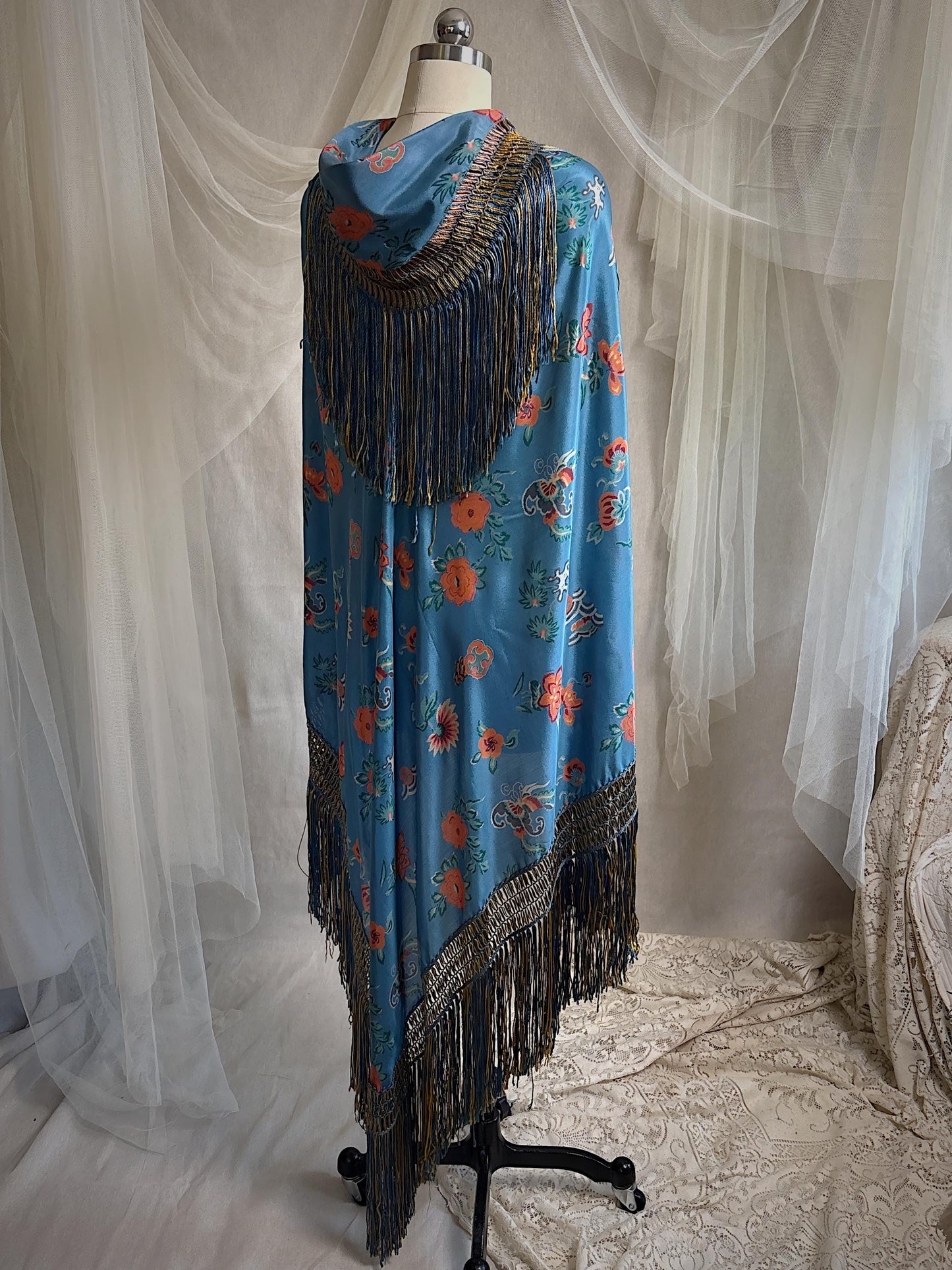 Antique 1920's Piano Shawl - Deep Ash Blue Silk with Bold Coral Floral Motif & Gold Silk Fringe | 62 x 62 inches