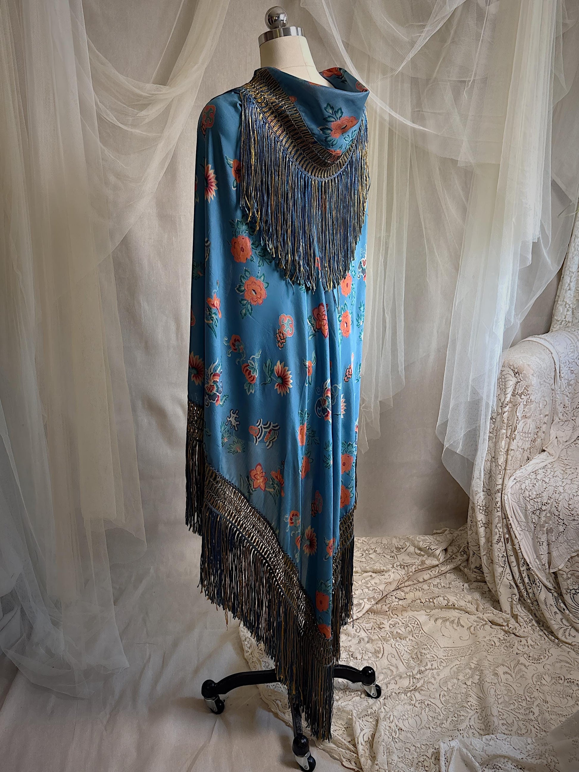 Antique 1920's Piano Shawl - Deep Ash Blue Silk with Bold Coral Floral Motif & Gold Silk Fringe | 62 x 62 inches