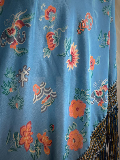 Antique 1920's Piano Shawl - Deep Ash Blue Silk with Bold Coral Floral Motif & Gold Silk Fringe | 62 x 62 inches