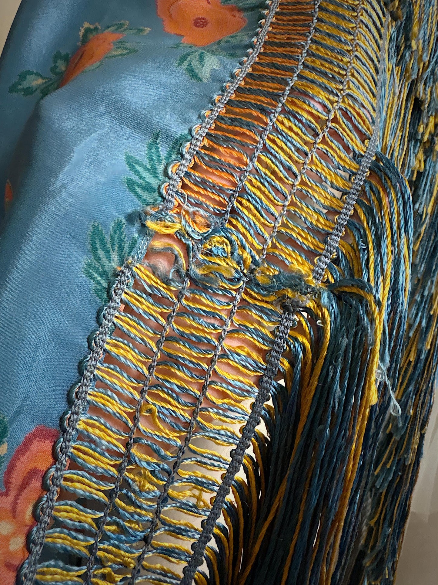 Antique 1920's Piano Shawl - Deep Ash Blue Silk with Bold Coral Floral Motif & Gold Silk Fringe | 62 x 62 inches