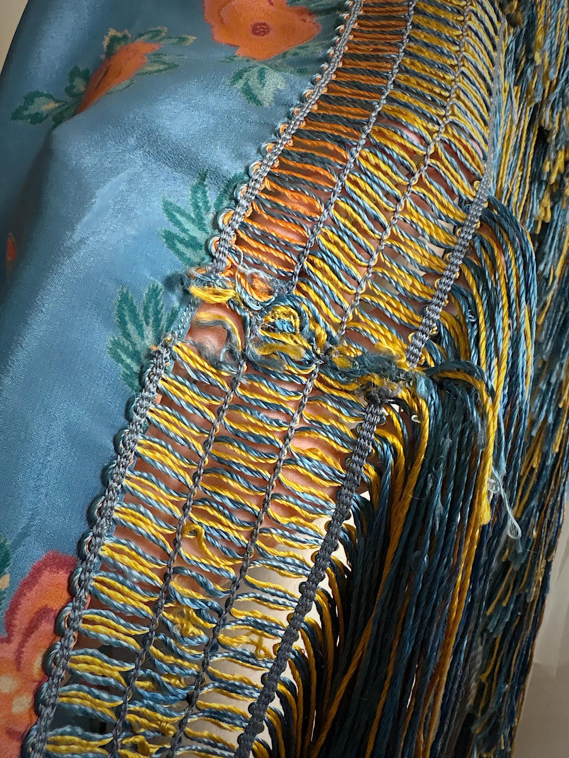 Antique 1920's Piano Shawl - Deep Ash Blue Silk with Bold Coral Floral Motif & Gold Silk Fringe | 62 x 62 inches