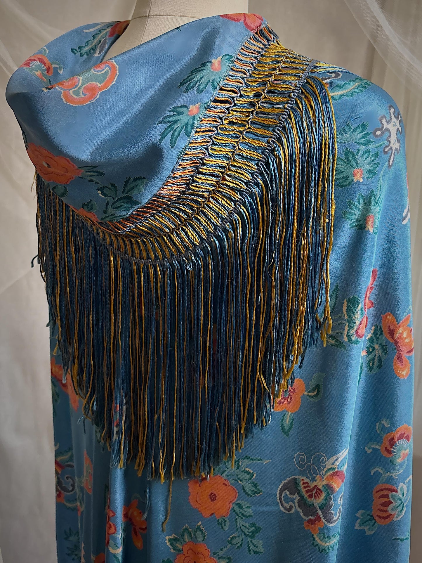 Antique 1920's Piano Shawl - Deep Ash Blue Silk with Bold Coral Floral Motif & Gold Silk Fringe | 62 x 62 inches