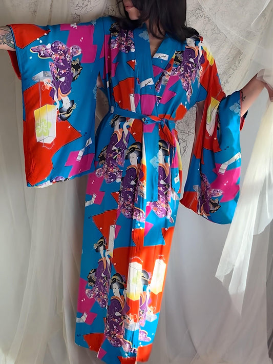 Vintage 1940's Japanese Kimono - Bold Cerulean Blue Silk with Woodblock Print & Fringe Sash | One Size