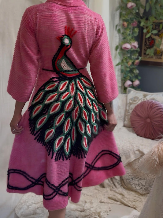 Vintage 1940's - 1950's Robe - Bright Pink Chenille with Peacock Design & Black Trim - Size M