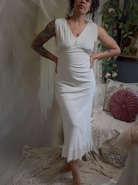 Vintage 1940's Nightgown - Bright White Rayon Crepe with Eyelet Embroidery & Scalloped Hem | Small, Medium