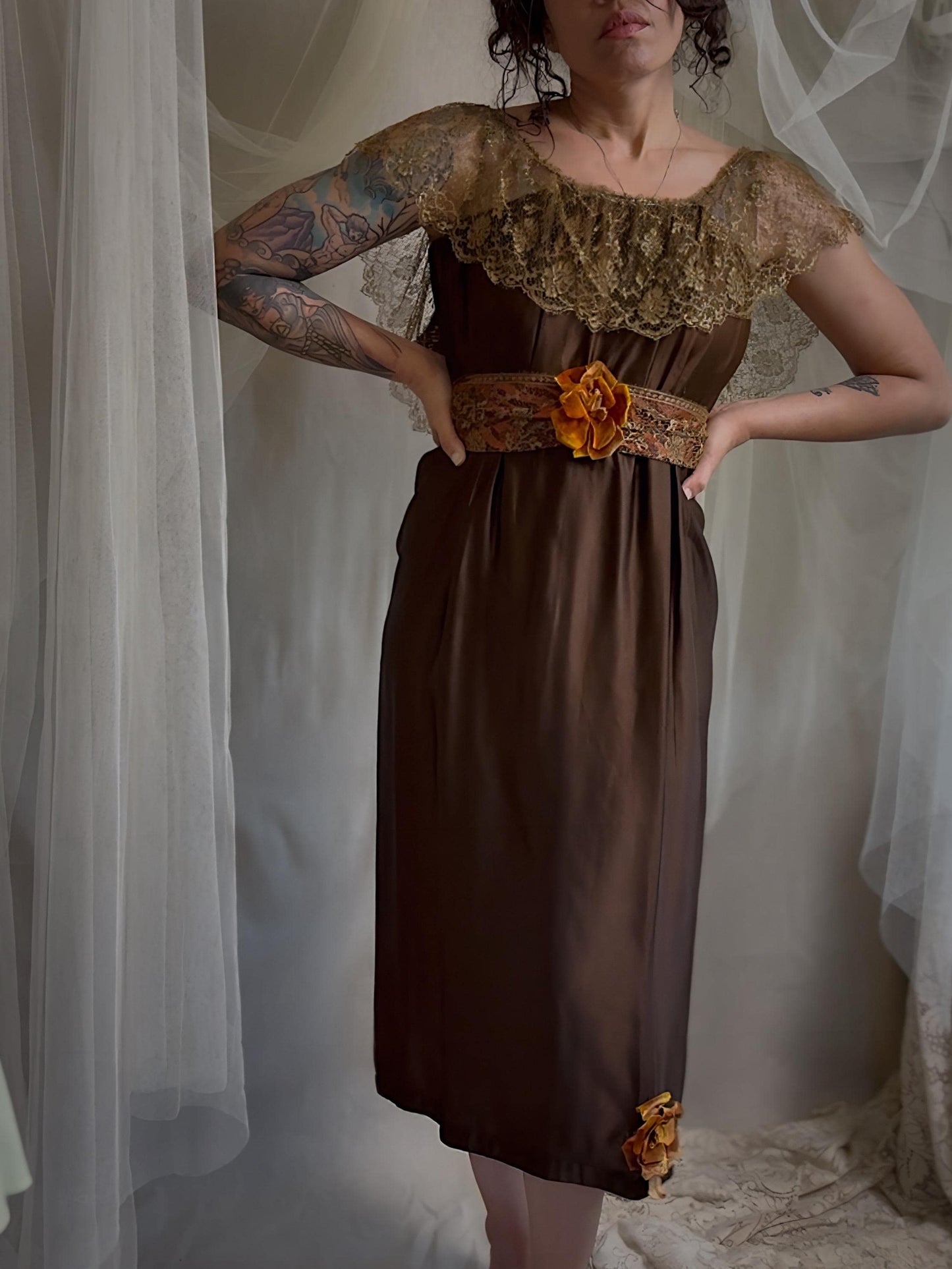 Antique 1910s-1920s Evening Gown - Rich Brown Silk with Gold Metallic Lace & Velvet Flowers