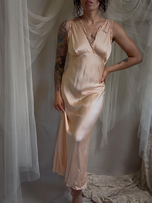 Vintage 1930s Peach Silk Satin Nightgown with Nude Lace & Estelle Monogram