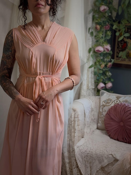 Vintage 1940s Nightgown - Sheer Coral Pink Rayon Chiffon, Made in Hungary