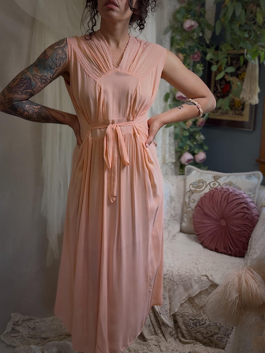 Vintage 1940s Nightgown - Sheer Coral Pink Rayon Chiffon, Made in Hungary