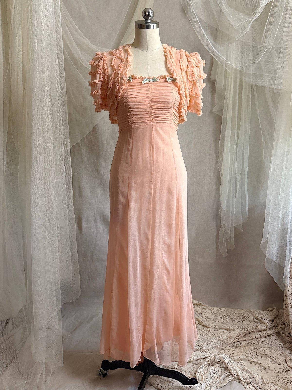 Vintage 1930's Dress & Bolero Set - Coral Pink Silk Crepe Chiffon with Ruched Detail | XS - Daggers & Dames