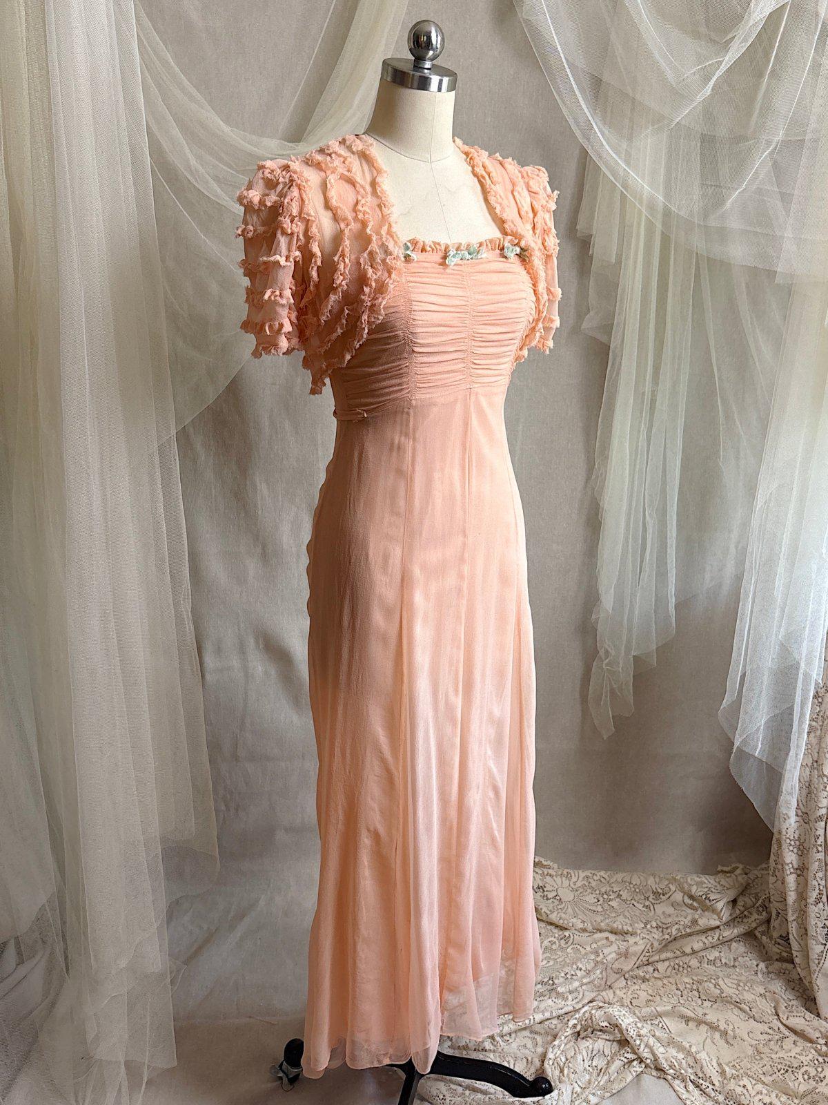 Vintage 1930's Dress & Bolero Set - Coral Pink Silk Crepe Chiffon with Ruched Detail | XS - Daggers & Dames