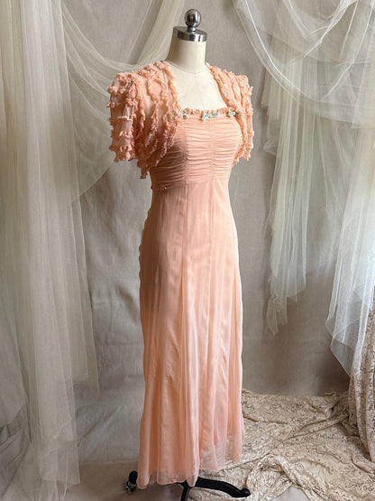 Vintage 1930's Dress & Bolero Set - Coral Pink Silk Crepe Chiffon with Ruched Detail | XS - Daggers & Dames