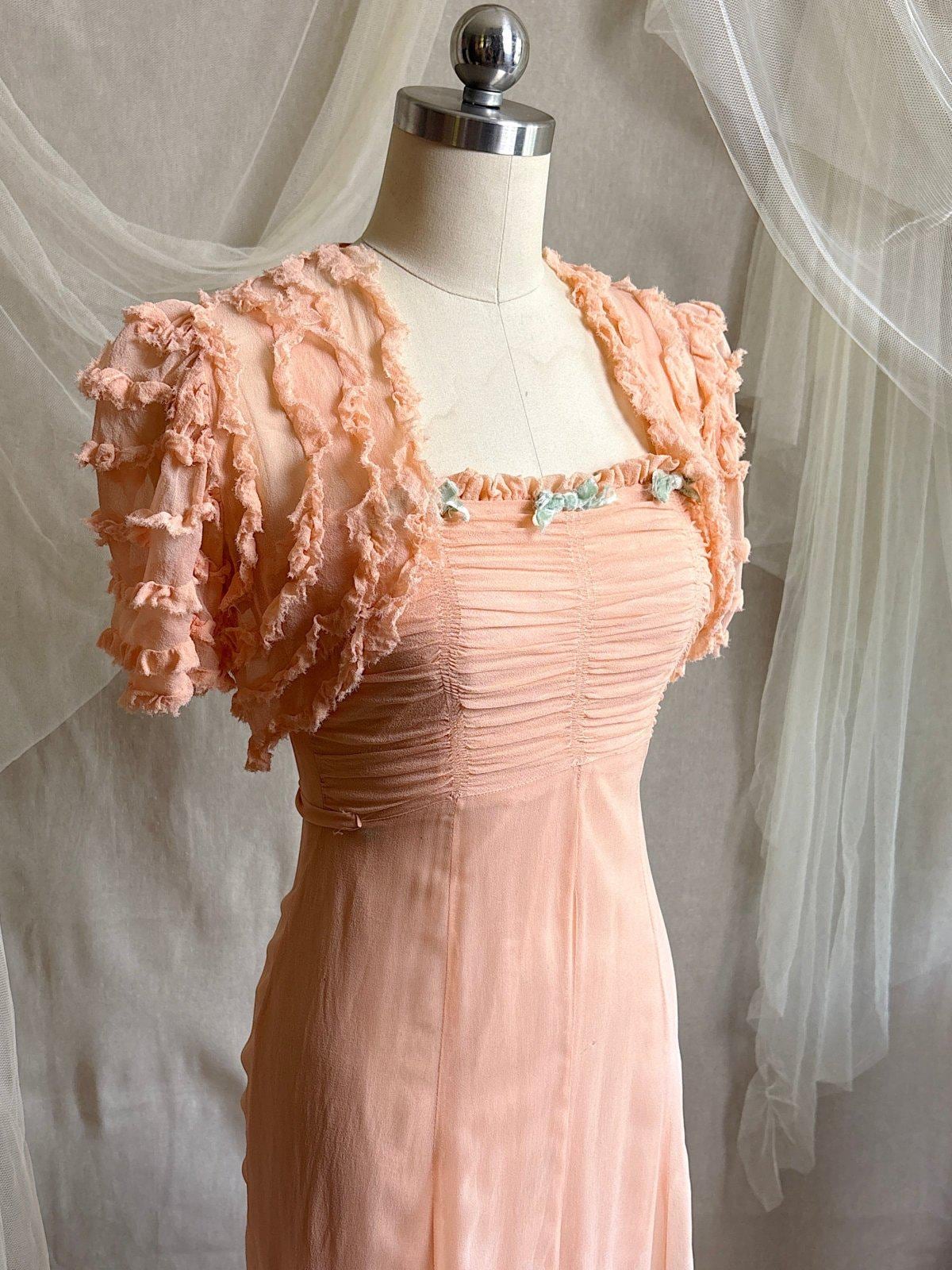Vintage 1930's Dress & Bolero Set - Coral Pink Silk Crepe Chiffon with Ruched Detail | XS - Daggers & Dames