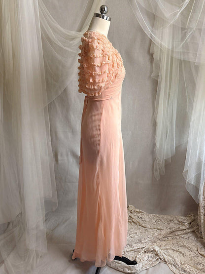 Vintage 1930's Dress & Bolero Set - Coral Pink Silk Crepe Chiffon with Ruched Detail | XS - Daggers & Dames