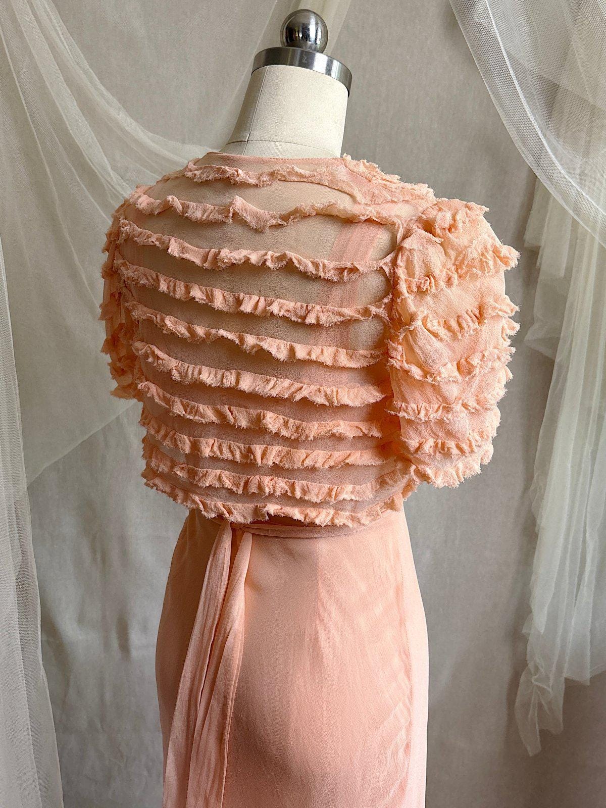 Vintage 1930's Dress & Bolero Set - Coral Pink Silk Crepe Chiffon with Ruched Detail | XS - Daggers & Dames