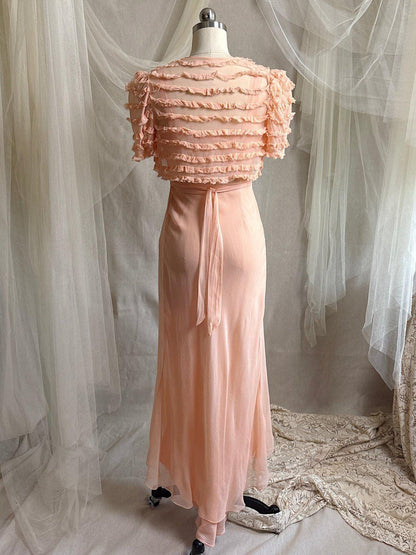 Vintage 1930's Dress & Bolero Set - Coral Pink Silk Crepe Chiffon with Ruched Detail | XS - Daggers & Dames