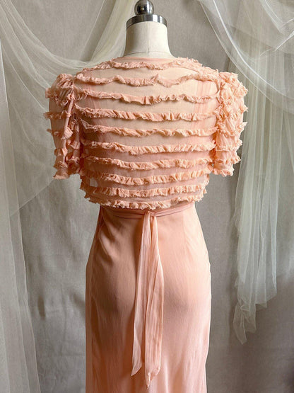 Vintage 1930's Dress & Bolero Set - Coral Pink Silk Crepe Chiffon with Ruched Detail | XS - Daggers & Dames