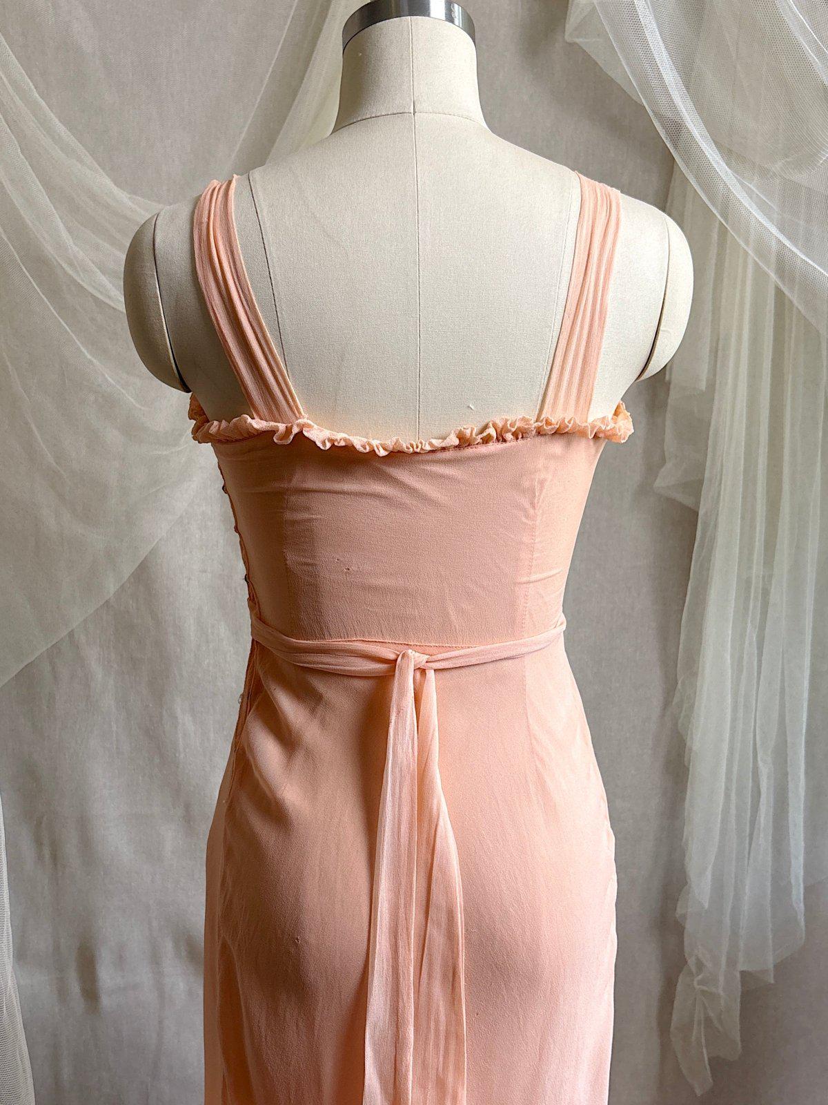 Vintage 1930's Dress & Bolero Set - Coral Pink Silk Crepe Chiffon with Ruched Detail | XS - Daggers & Dames