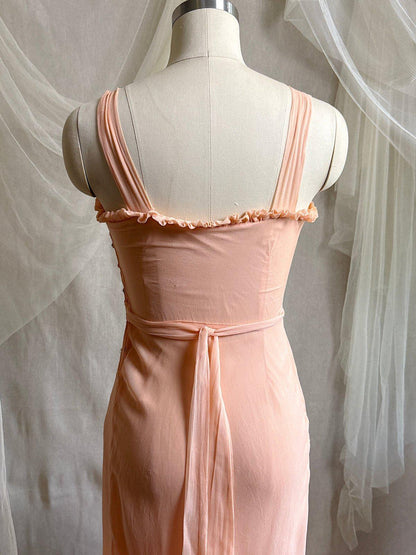 Vintage 1930's Dress & Bolero Set - Coral Pink Silk Crepe Chiffon with Ruched Detail | XS - Daggers & Dames