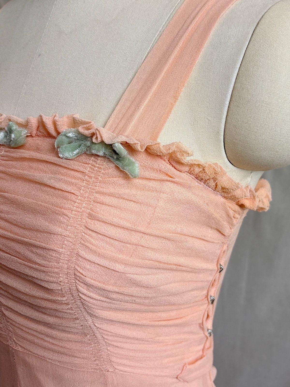 Vintage 1930's Dress & Bolero Set - Coral Pink Silk Crepe Chiffon with Ruched Detail | XS - Daggers & Dames