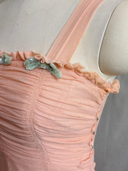 Vintage 1930's Dress & Bolero Set - Coral Pink Silk Crepe Chiffon with Ruched Detail | XS - Daggers & Dames