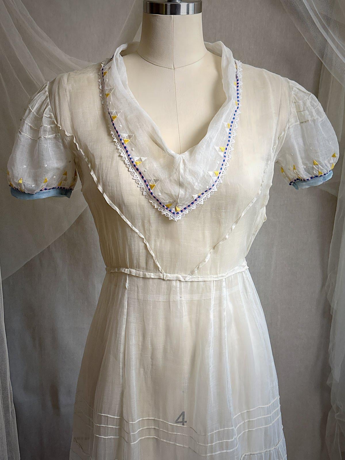 Vintage 1930's Dress - Semi - Sheer Bone White Silk Organza with Open Back | XS - Daggers & Dames