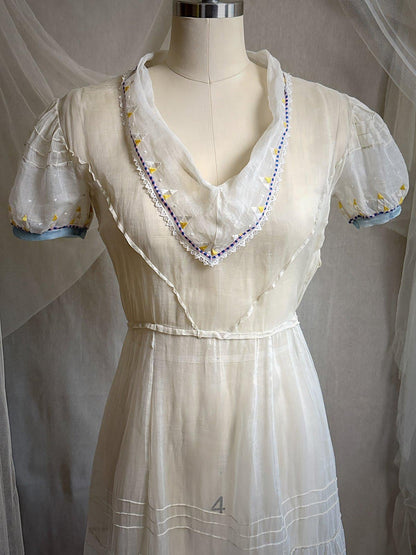 Vintage 1930's Dress - Semi - Sheer Bone White Silk Organza with Open Back | XS - Daggers & Dames