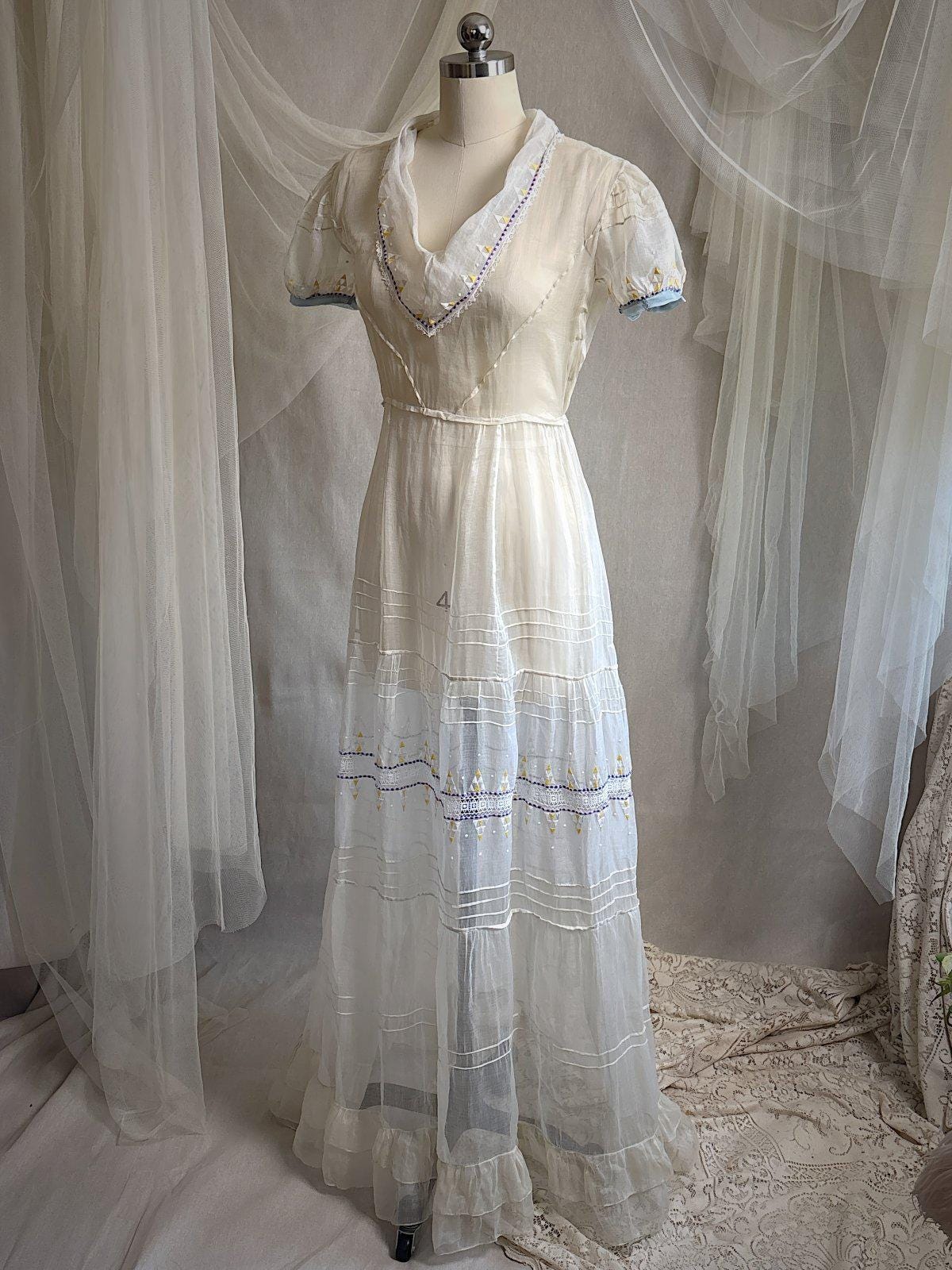 Vintage 1930's Dress - Semi - Sheer Bone White Silk Organza with Open Back | XS - Daggers & Dames