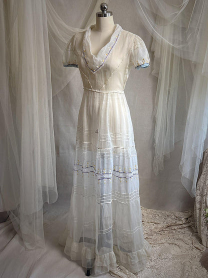 Vintage 1930's Dress - Semi - Sheer Bone White Silk Organza with Open Back | XS - Daggers & Dames