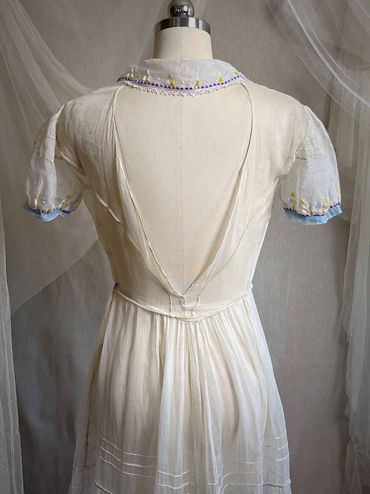 Vintage 1930's Dress - Semi - Sheer Bone White Silk Organza with Open Back | XS - Daggers & Dames