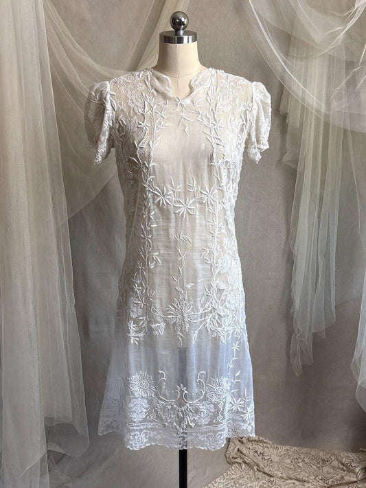 Antique 1920's Dress - Semi - Sheer White Cotton Lawn with Elaborate Mixed Lace & Embroidery | XS, S - Daggers & Dames